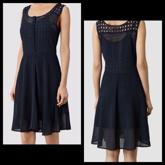 AllSaints Navy Blue Eyelet Lace Embroidered A-Line Dress - Picture 4 of 8